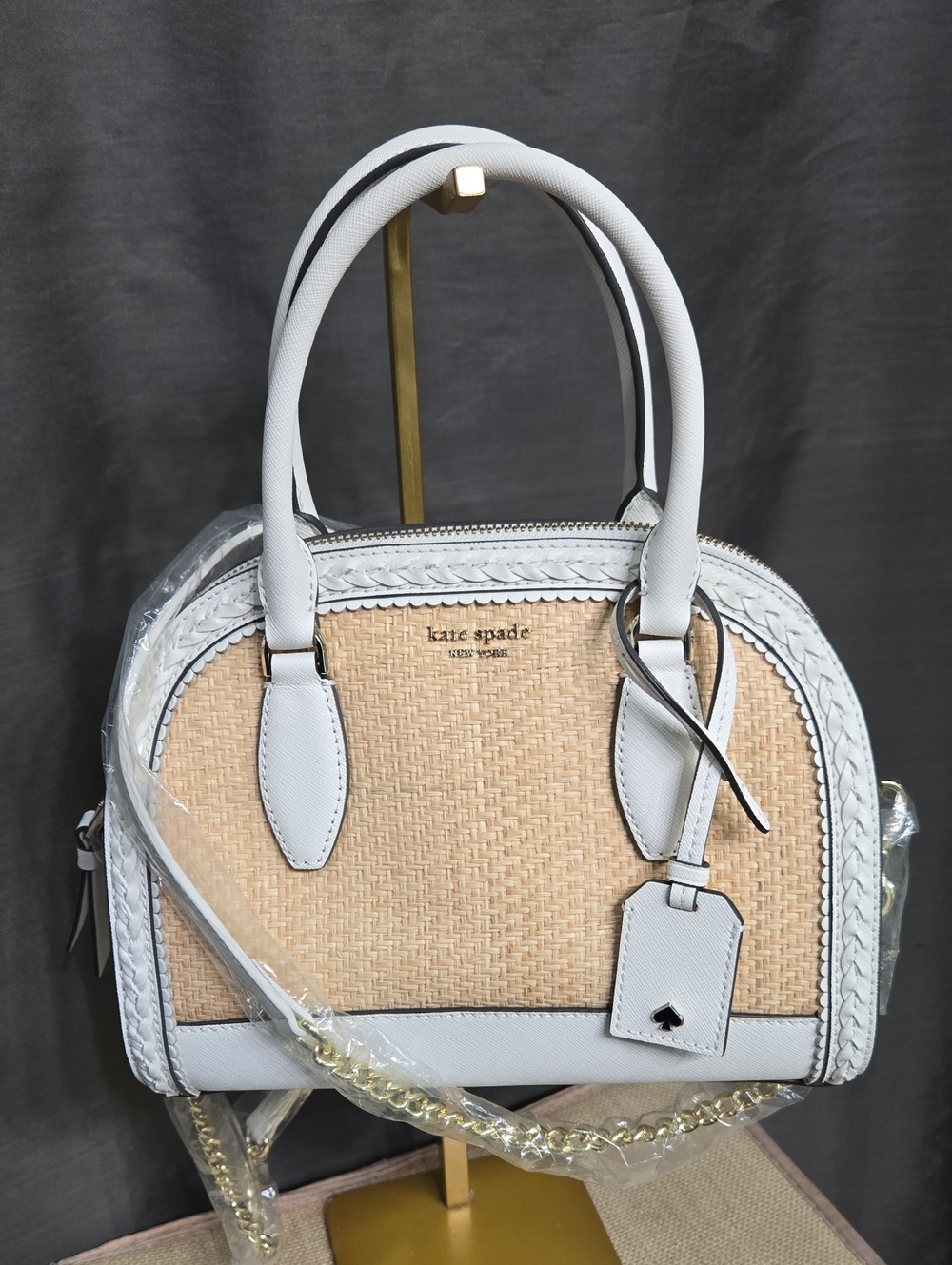 Like-new kate spade White and Natural Woven Dome Satchel